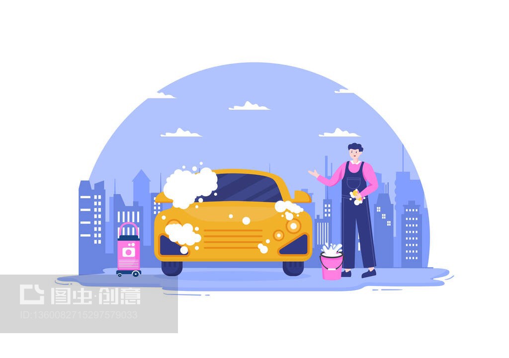 洗車服務(wù)平面設(shè)計(jì)插圖 工人用海綿、肥皂和水清洗汽車的視覺魅力